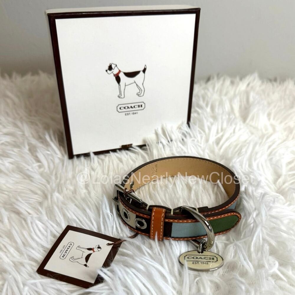 NWB y2k COACH Legacy Stripe Leather Dog Collar XS w COACH Charm Limited Ed Rare